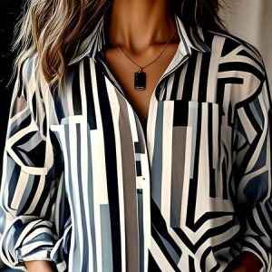 Women Geometric Long Sleeve Shirt Spring/Fall Shirt Collar Daily Casual Top, JustFashionNow Blouses, color:Gray|size:4XL,