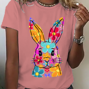 Happy Easter Bunny Flowers Print Cotton T-Shirt, T-shirts, Lilicloth.com