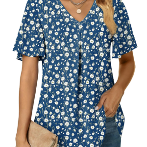 V Neck Short Sleeve Floral Regular Micro-Elasticity Regular Fit Shirt For Women, Shirts, color:Aqua blue|size:4XL, catalog Noracora shop
