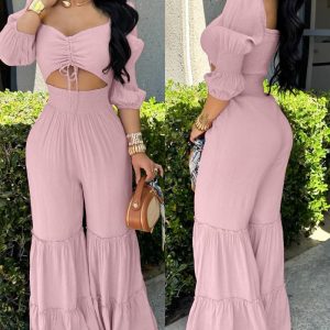 Sweetheart Neck Puff Sleeve Drawstring Front Shirred Overalls Casual Cutout Front Ruffle Hem Wide Leg Jumpsuit, women Jumpsuits, ChicMe catalog