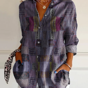 Women Geometric Long Sleeve Shirt Spring/Fall Buckle Shirt Collar Daily Casual Top, JustFashionNow Shirts, color:Purple|size:XXL,