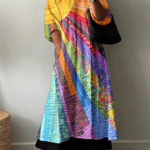 Women Hippie Half Sleeve Summer Printing Dress V Neck Daily Casual Maxi A-Line Dress, JustFashionNow Casual Dresses, color:As Picture|size:5XL,