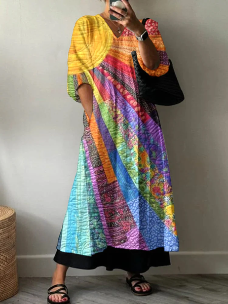 Women Hippie Half Sleeve Summer Printing Dress V Neck Daily Casual Maxi A-Line Dress, JustFashionNow Casual Dresses, color:As Picture|size:5XL,