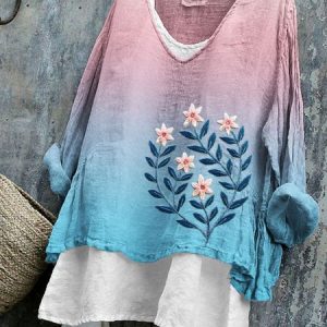V Neck Long Sleeve Floral Regular Micro-Elasticity Regular Fit Shirt For Women, Shirts, color:Pink|size:4XL, catalog Noracora shop