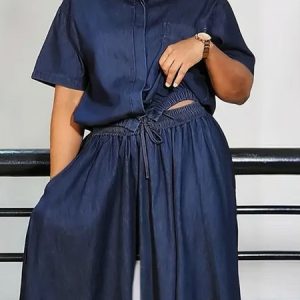 Plus Size Shirt Collar Casual Loose Faux Denim Shirt, Plus Tops, color:Blue|size:4X, Stylewe