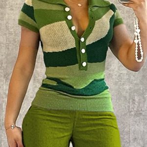 Casual Colorblock Buttoned Polo Collar Sweater, Pullovers, color:Green|size:XXL, Stylewe