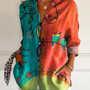 Women Animal Long Sleeve Shirt Spring/Fall Shirt Collar Daily Casual Top, JustFashionNow Blouses, color:Multicolor|size:4XL,