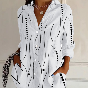 Women Polka Dots Long Sleeve Shirt Spring/Fall Buckle Shirt Collar Daily Casual Top, JustFashionNow Shirts, color:White|size:XXL,