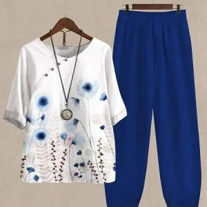 Women Floral Printing Two-Piece Set Daily Half Sleeve Casual Summer Top With Pants Matching Set, JustFashionNow Suit Set, color:Blue-White|size:4XL,
