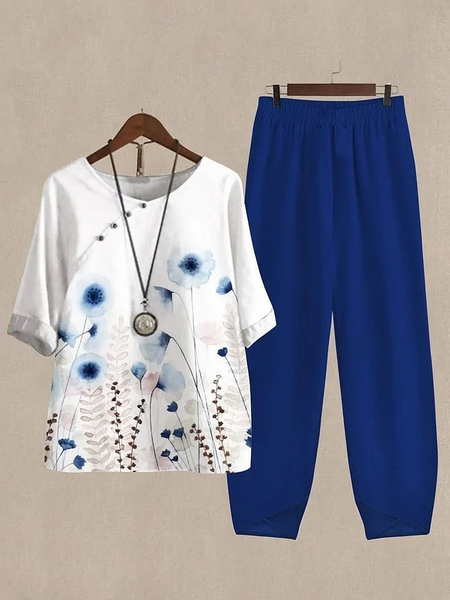 Women Floral Printing Two-Piece Set Daily Half Sleeve Casual Summer Top With Pants Matching Set, JustFashionNow Suit Set, color:Blue-White|size:4XL,