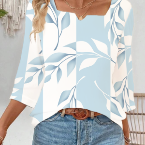 Women Floral Three Quarter Sleeve Blouse Spring/Fall Printing Notched Daily Casual Top, JustFashionNow Blouses, color:Blue|size:XXL,