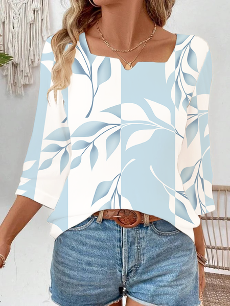 Women Floral Three Quarter Sleeve Blouse Spring/Fall Printing Notched Daily Casual Top, JustFashionNow Blouses, color:Blue|size:XXL,