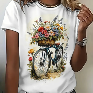 Women Floral Short Sleeve Tee T-shirt Crew Neck Printing Casual Summer Top, JustFashionNow T-Shirts, color:White|size:XXL