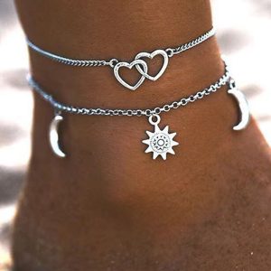 2pcs Double Heart Galaxy Moon Sun Pendant Anklets Set, women Anklet, ChicMe catalog