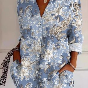 Women's Long Sleeve Shirt Spring/Fall Cashew Flowers Shirt Collar Daily Going Out Casual Top, JustFashionNow Blouses, color:Blue|size:XXL,