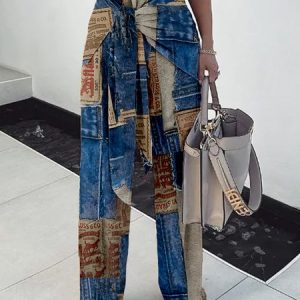 Plus Size Casual Denim Print Graphic Straight Pants, Plus Pants, color:Blue|size:4X, Stylewe