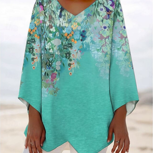 V Neck Long Sleeve Floral Regular Loose Blouse For Women, Blouses, color:Green|size:3XL, catalog Noracora shop