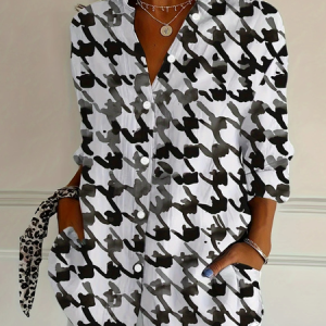Shirt Collar Long Sleeve Houndstooth Regular Micro-Elasticity Regular Fit Shirt For Women, Blouses, color:Black|size:4XL, catalog Noracora shop