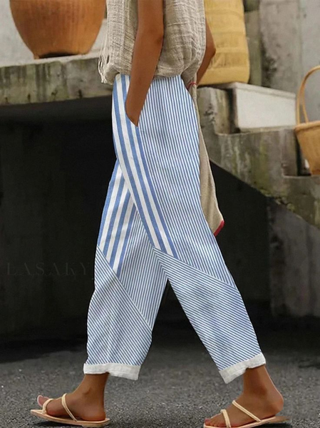Women Striped Long Pants Casual Spring/Fall Trousers, JustFashionNow Pants, color:Blue|size:5XL,
