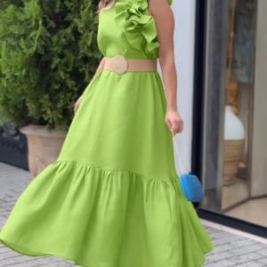 Sleeveless Dress Featuring 3D Asymmetrical Ruffle Elegant Ruffle Hem Maxi Dress(Without Belt), women Maxi Dresses, ChicMe catalog