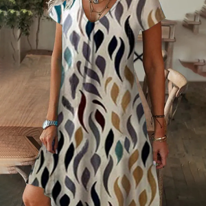 Women Abstract Short Sleeve Summer Printing Dress V Neck Daily Casual Knee Length T-Shirt Dress H-Line Dress, JustFashionNow Casual Dresses, color:As Picture|size:XXL,
