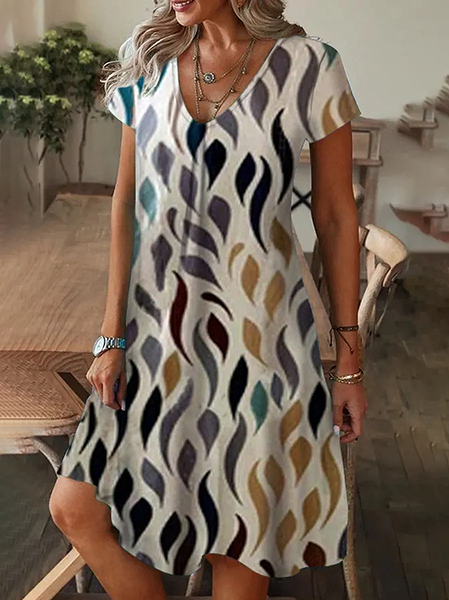 Women Abstract Short Sleeve Summer Printing Dress V Neck Daily Casual Knee Length T-Shirt Dress H-Line Dress, JustFashionNow Casual Dresses, color:As Picture|size:XXL,