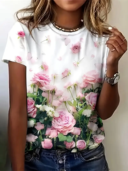 Women Floral Short Sleeve Tee T-shirt Crew Neck Printing Casual Summer Graphic Tee Top, JustFashionNow T-Shirts, color:White|size:XXL - Image 7
