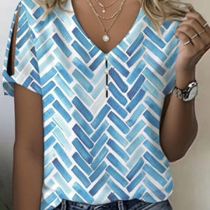 Women Geometric Short Sleeve Tee T-shirt V Neck Printing Casual Summer Graphic Tee Top, JustFashionNow T-Shirts, color:Blue|size:5XL,