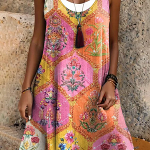Women Vacation Ethnic Print Crew Neck Sleeveless Comfy Casual Midi Dress, Dresses, color:As Picture|size:3XL, catalog Noracora shop