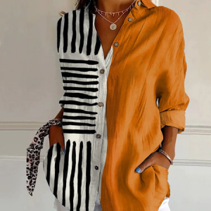 Women Striped Long Sleeve Shirt Spring/Fall Buckle Shirt Collar Daily Casual Top, JustFashionNow Shirts, color:As Picture|size:XXL,