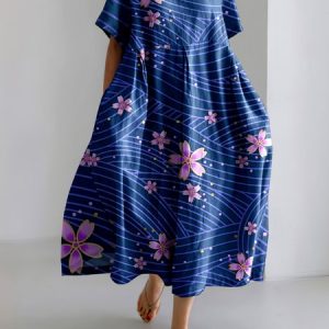 Women Floral Crew Neck Short Sleeve Comfy Casual Maxi Dress, Maxi, color:Blue|size:4XL, catalog Noracora shop