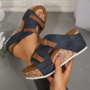 Vintage Color Block Breathable Slip On High Heel Slide Sandals Beaded, Slippers, color:Deep Blue|size:43, catalog Noracora shop