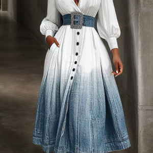 Elegant Denim Print Graphic Printing V Neck Maxi Dress With Belt, Maxi Dresses, color:As Picture|size:XXL, Stylewe