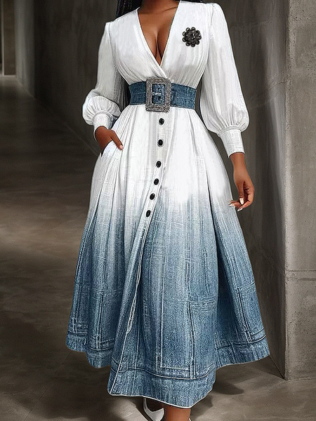 Elegant Denim Print Graphic Printing V Neck Maxi Dress With Belt, Maxi Dresses, color:As Picture|size:XXL, Stylewe