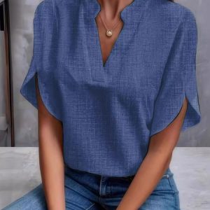 Women Summer V Neck Short Sleeve Plain Regular Regular Fit Shirt, Blouses, color:Blue|size:XXL, catalog Noracora shop