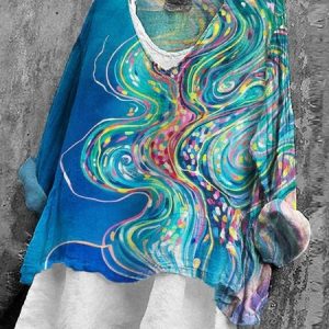 Vintage Striped V Neck Long Sleeve T-shirt, T-shirts, color:Aqua blue|size:4XL, catalog Noracora shop