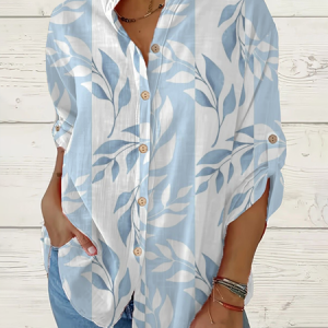 Women Floral Long Sleeve Shirt Spring/Fall Printing Stand Collar Daily Casual Top, JustFashionNow Shirts, color:Blue|size:5XL,