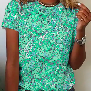 Floral Casual Crew Neck Short Sleeve T-Shirt, JustFashionNow T-Shirts, color:Green|size:XXL,