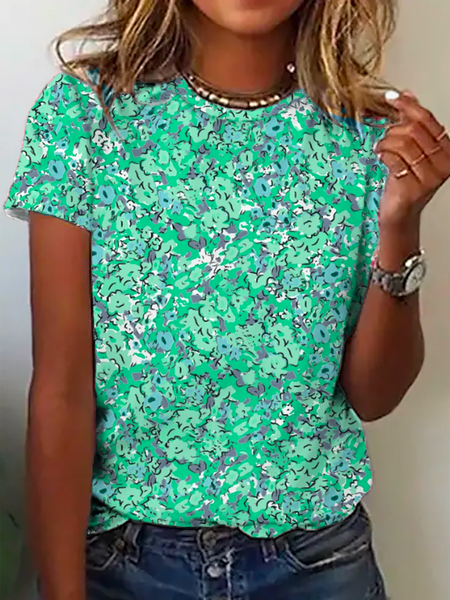 Floral Casual Crew Neck Short Sleeve T-Shirt, JustFashionNow T-Shirts, color:Green|size:XXL,