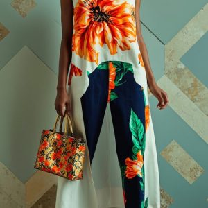 Jersey Casual Floral Printing Crew Neck Tank Top, Tanks and Camis, color:Orange|size:XXL, Stylewe