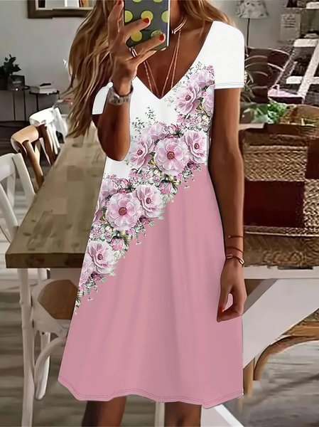 Women's Floral Spring Print Casual V-Neck Short Sleeve Dress, Dresses, Lilicloth.com - Image 2