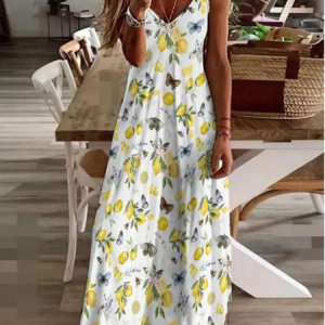 Women Vacation Sundress Lemon Sling V Neck Comfy Casual Maxi Dress, Dresses, color:As Picture|size:3XL, catalog Noracora shop
