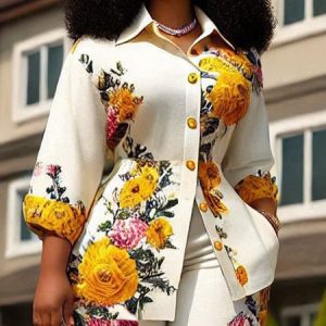 Vacation Floral Printing Shirt, Blouses and Shirts, color:White-Yellow|size:XXL, Stylewe