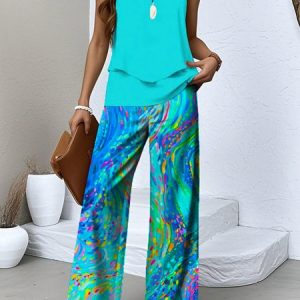 Women Abstract Graphic Crew Neck Sleeveless Comfy Casual Two-Piece Set, Sets, color:Green|size:3XL, catalog Noracora shop