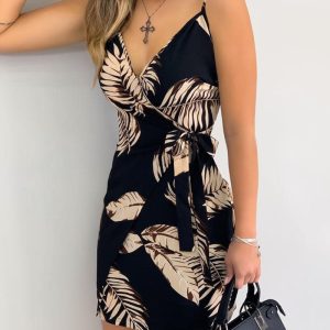 V Neck Leaf Print Mini Dress, women Print Dresses, ChicMe catalog
