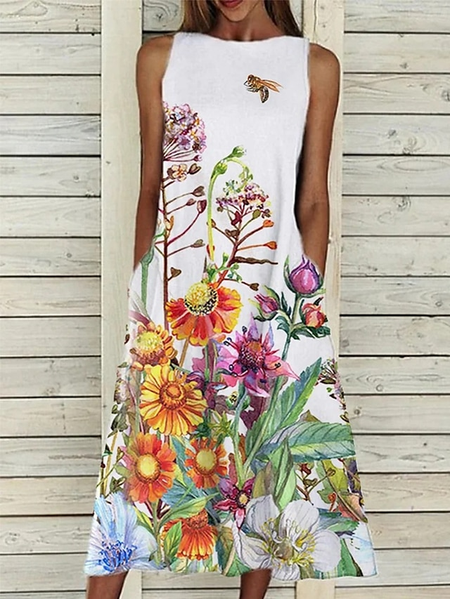 Women Floral Sleeveless Summer Dress Crew Neck Daily Casual Maxi A-Line Dress, JustFashionNow Dresses, color:As Picture|size:3XL,