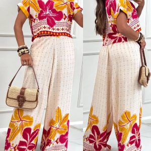 2 Pieces Outfit Tribal Print Round Neck Short Sleeve Top and Casual Wide Leg Pants Set, women Two-piece Sets, ChicMe catalog