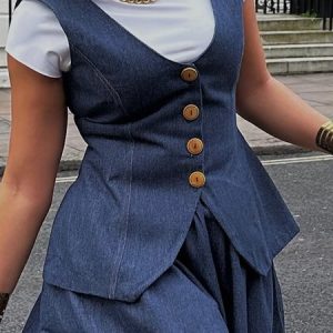 Casual Buttoned Plain V Neck Denim Vest, Vests and Gilets, color:Denim Blue|size:XXL, Stylewe