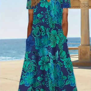 Women Floral Short Sleeve Summer Printing Dress V Neck Daily Casual Maxi Fit & Flare Dress H-Line Dress, JustFashionNow Casual Dresses, color:Cyan|size:4XL,