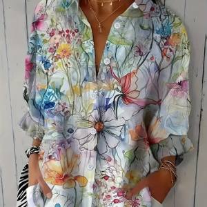 Women Floral Three Quarter Sleeve Shirt Spring/Fall Printing Shirt Collar Daily Casual Top, JustFashionNow Shirts, color:Multicolor|size:5XL